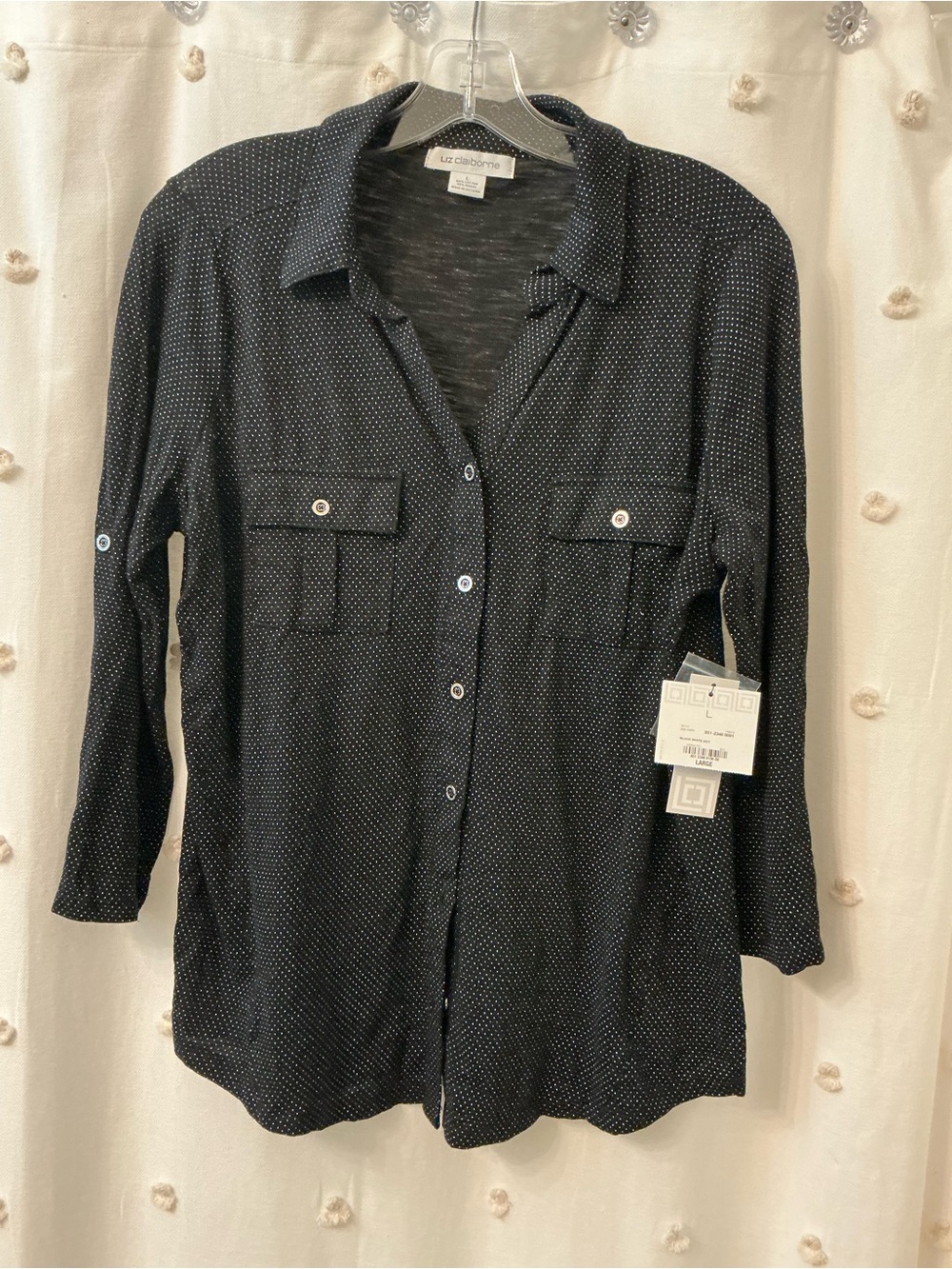 Liz Claiborne Black Dot-Print Button Front Knit Blouse